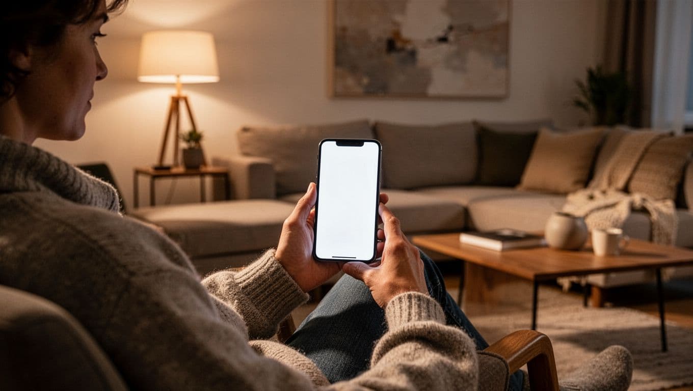 A person uses a smartphone to schedule an appointment while relaxing on a living room sofa.
