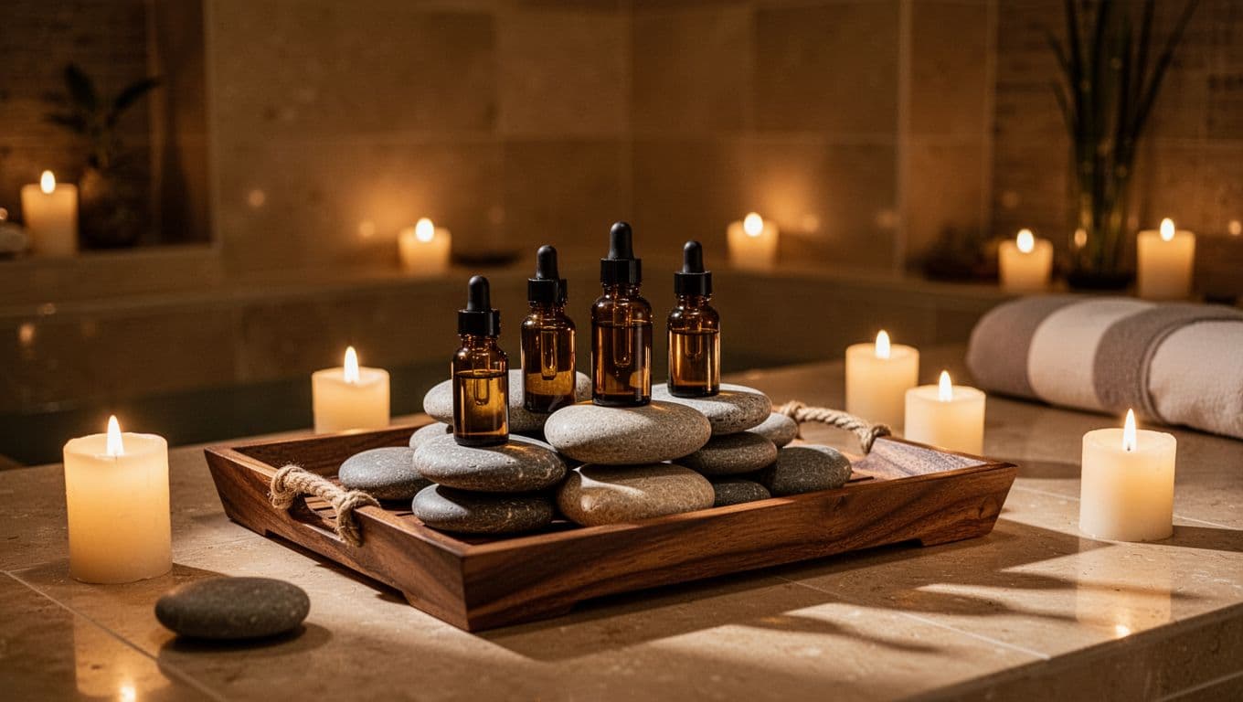 A wooden tray with candles and oil bottles surrounded by smooth river stones.
