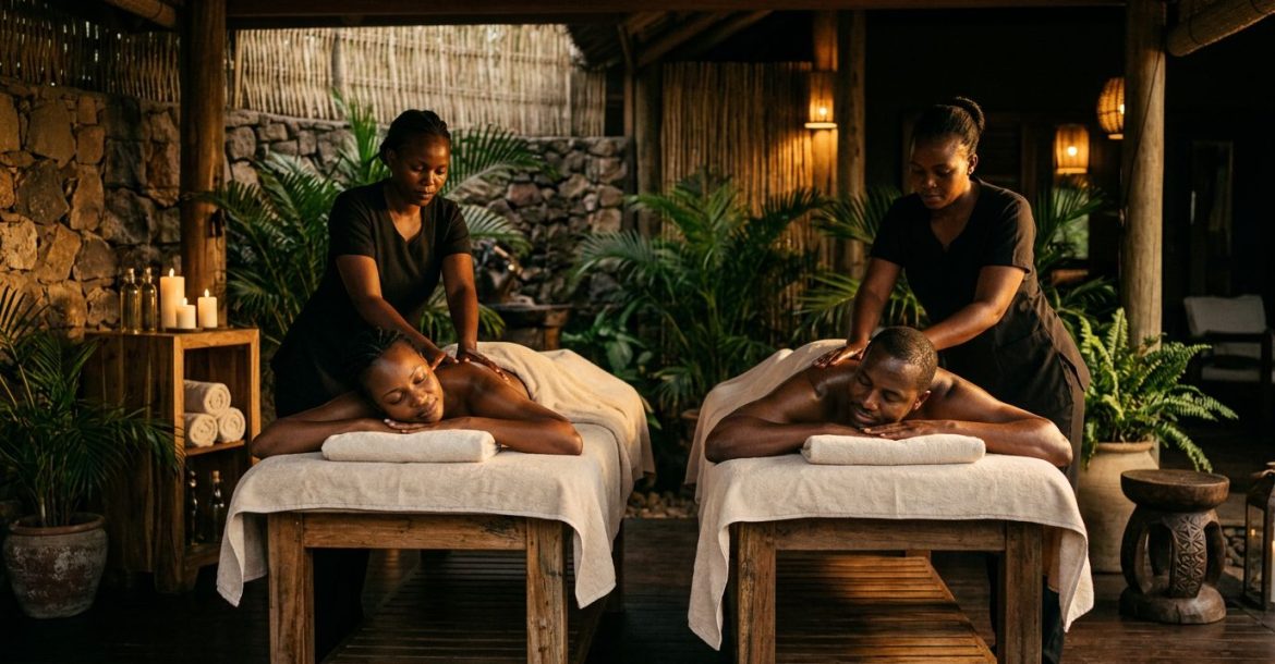 An adult couple enjoying a synchronized side-by-side massage in a luxurious spa room.