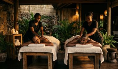 An adult couple enjoying a synchronized side-by-side massage in a luxurious spa room.