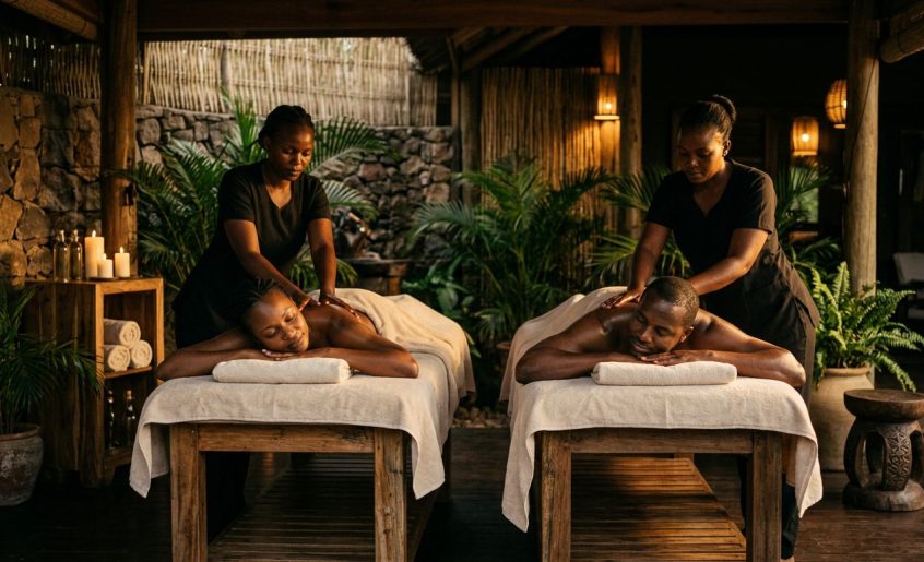 An adult couple enjoying a synchronized side-by-side massage in a luxurious spa room.