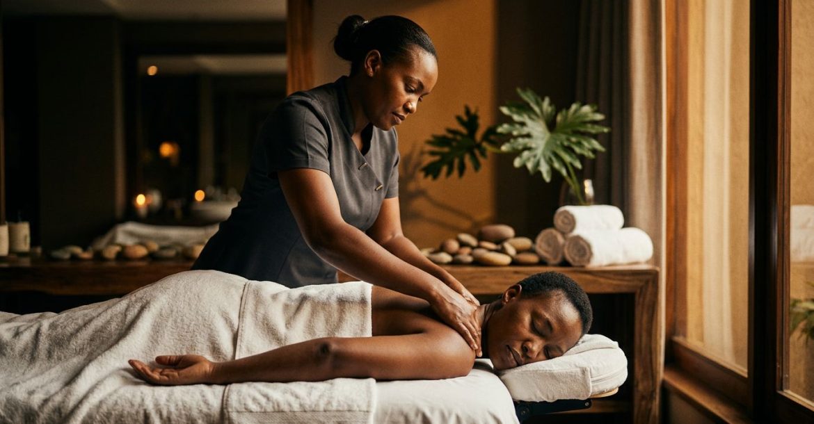 A therapist massages a client's shoulders in a calm Nairobi spa.