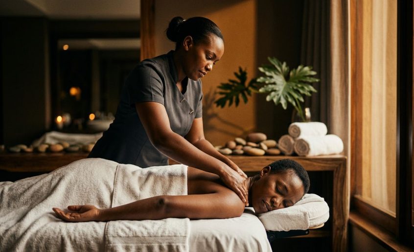 A therapist massages a client's shoulders in a calm Nairobi spa.