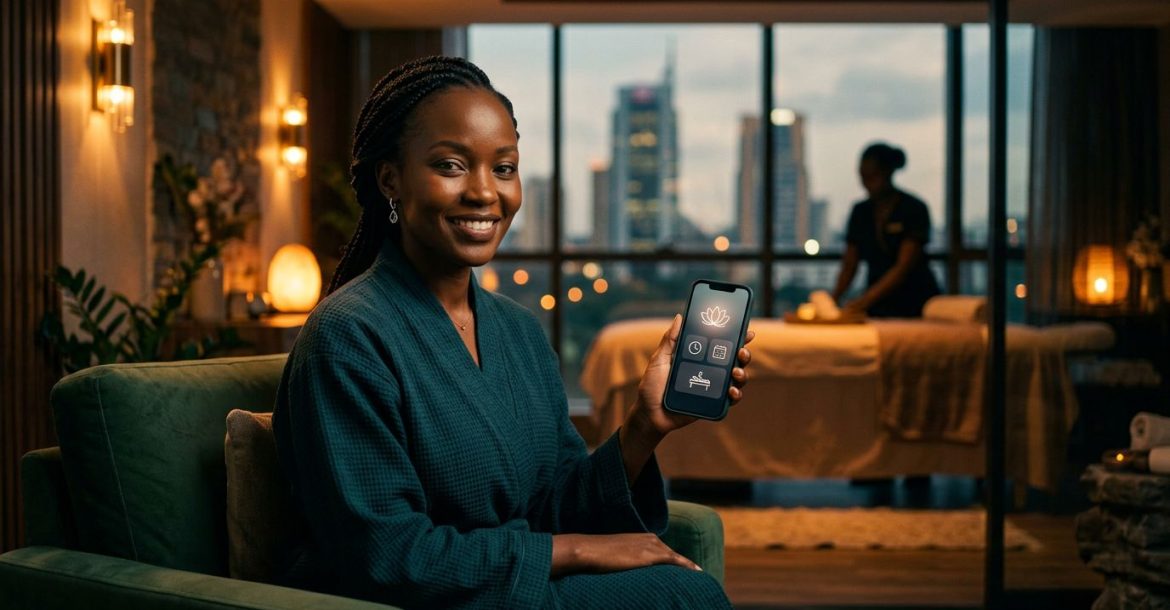 A smiling woman in a Nairobi spa holds a smartphone displaying a booking app.
