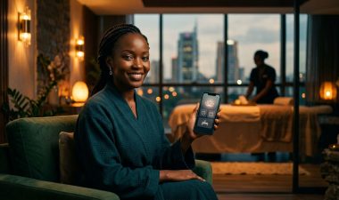 A smiling woman in a Nairobi spa holds a smartphone displaying a booking app.