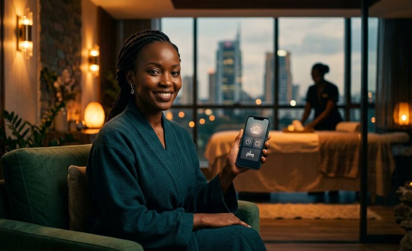 A smiling woman in a Nairobi spa holds a smartphone displaying a booking app.