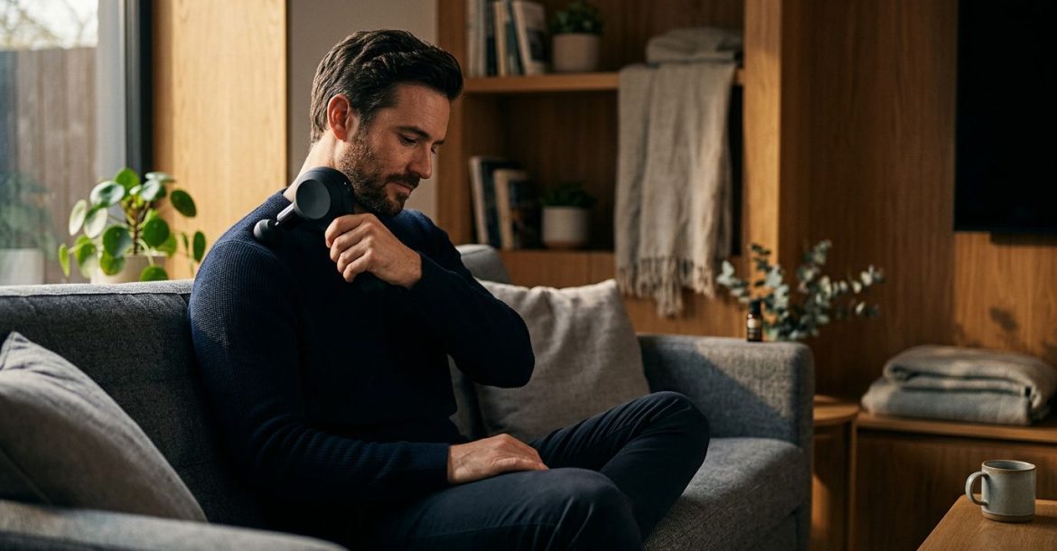 A man using a handheld percussion device to massage his shoulder on a modern sofa.