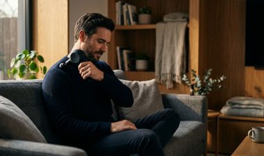 A man using a handheld percussion device to massage his shoulder on a modern sofa.