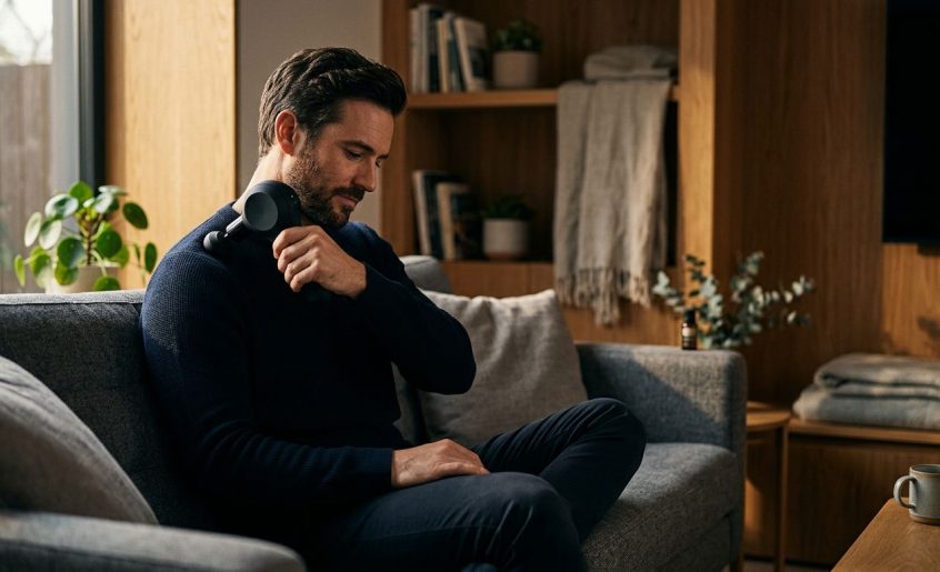 A man using a handheld percussion device to massage his shoulder on a modern sofa.