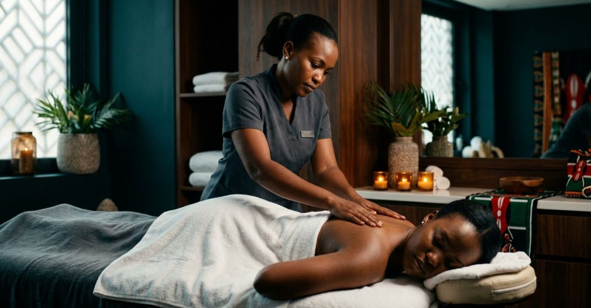 A therapist gives a soothing full body massage in a warm, amber-lit Nairobi spa.