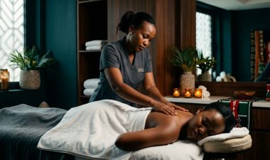 A therapist gives a soothing full body massage in a warm, amber-lit Nairobi spa.
