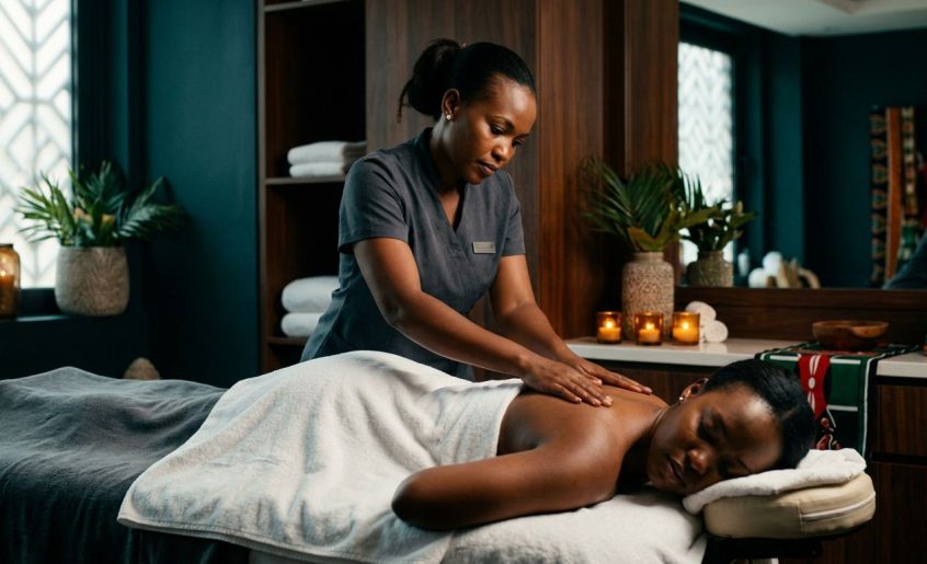 A therapist gives a soothing full body massage in a warm, amber-lit Nairobi spa.