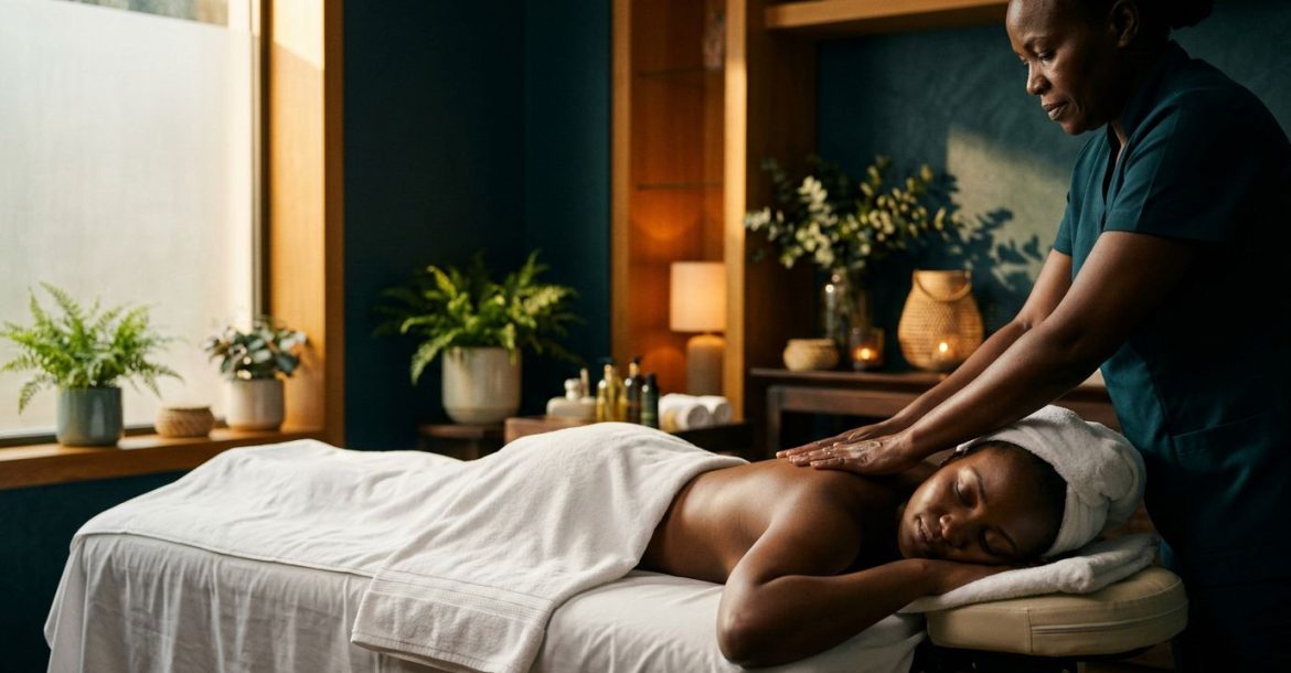 A therapist giving a shoulder massage to a woman in a tranquil Nairobi spa.