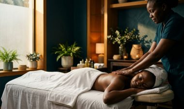A therapist giving a shoulder massage to a woman in a tranquil Nairobi spa.