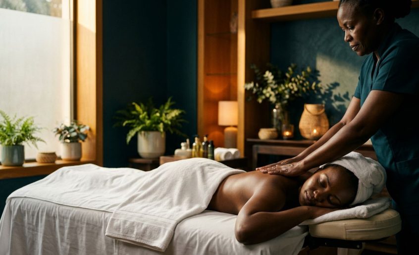 A therapist giving a shoulder massage to a woman in a tranquil Nairobi spa.