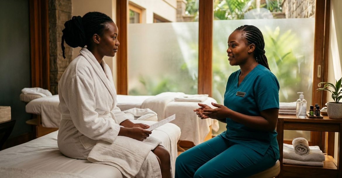 A therapist in teal scrubs talks with a client inside a bright Nairobi spa room.