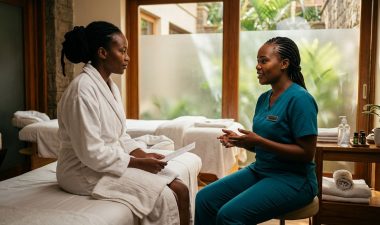 A therapist in teal scrubs talks with a client inside a bright Nairobi spa room.