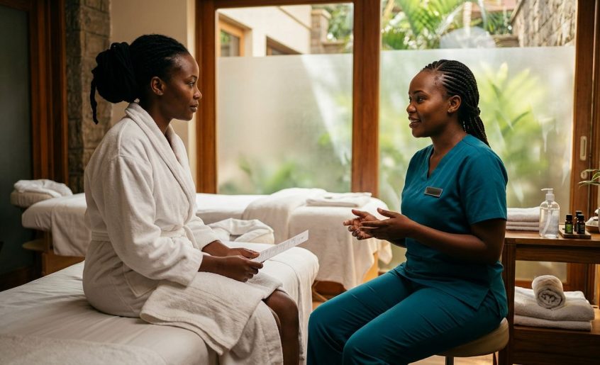A therapist in teal scrubs talks with a client inside a bright Nairobi spa room.