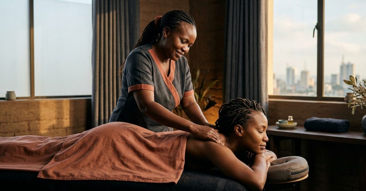 A therapist massages a client's shoulders in a calm Nairobi spa.