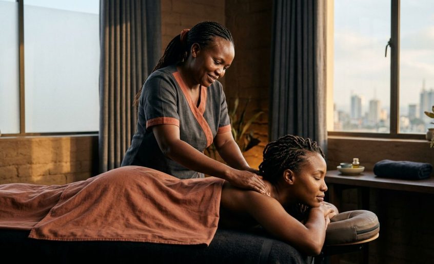 A therapist massages a client's shoulders in a calm Nairobi spa.