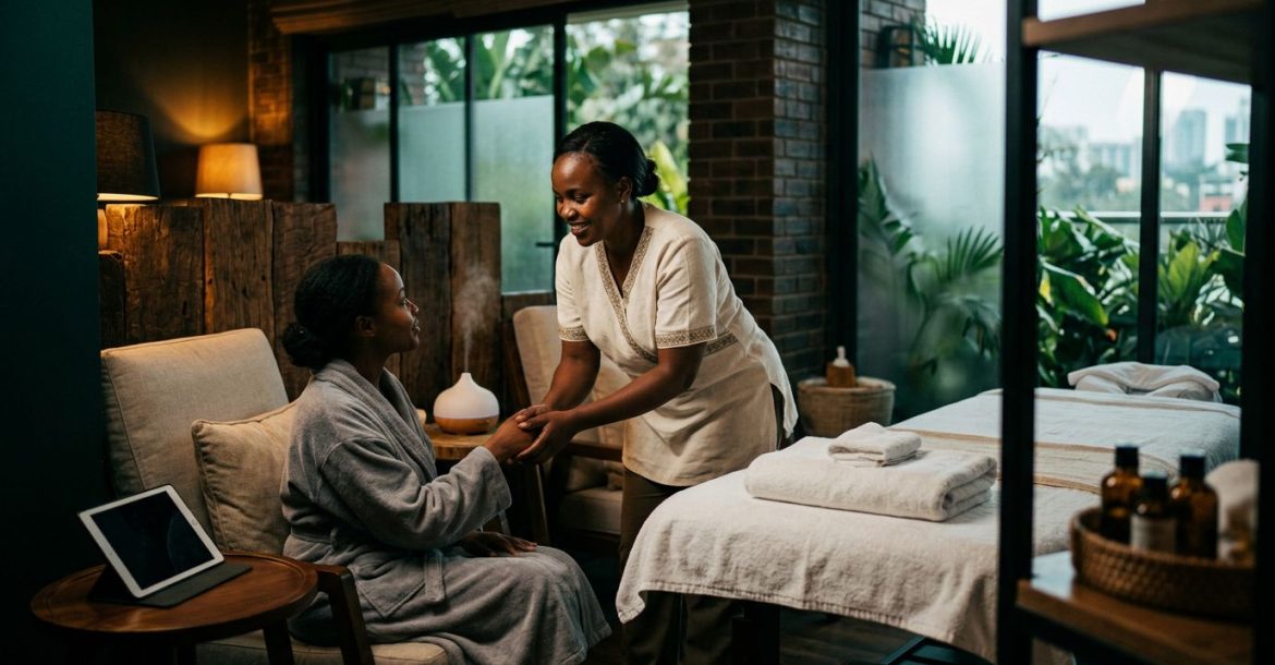 A massage therapist greets a client beside a prepared table in a calm Nairobi spa.