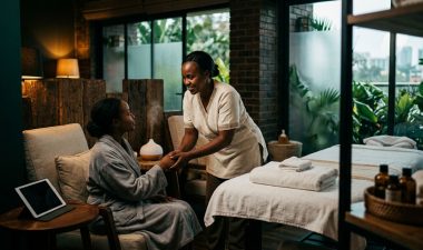 Nairobi Massage Services: A Safer Way to Book in 2026 5 A massage therapist greets a client beside a prepared table in a calm Nairobi spa.