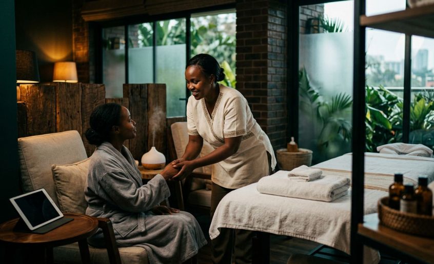 A massage therapist greets a client beside a prepared table in a calm Nairobi spa.