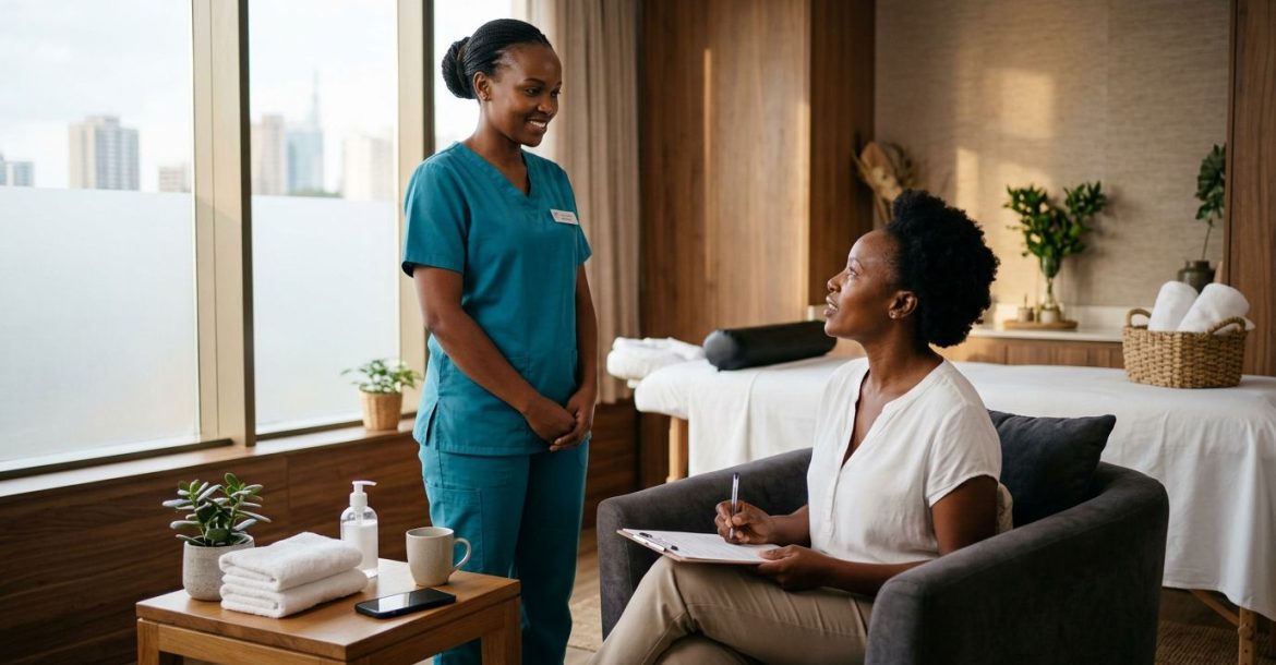 A therapist in teal scrubs consults a client in a modern Nairobi wellness studio.