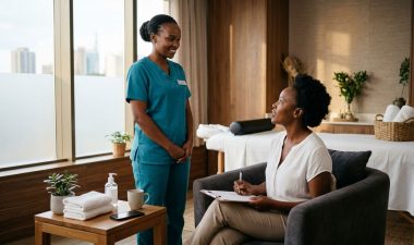 A therapist in teal scrubs consults a client in a modern Nairobi wellness studio.