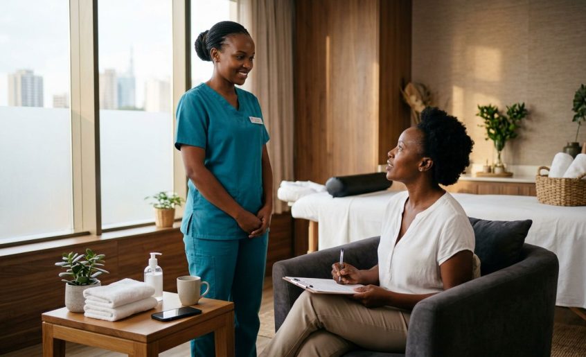 A therapist in teal scrubs consults a client in a modern Nairobi wellness studio.