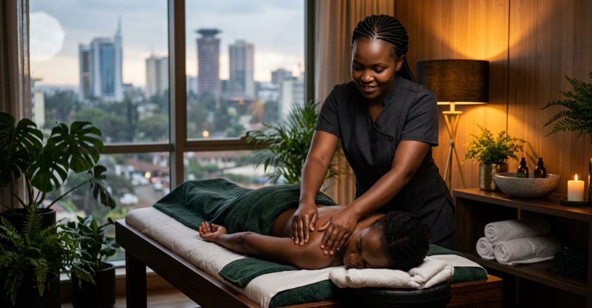 A Kenyan therapist giving a shoulder massage to a client in a warm spa room.