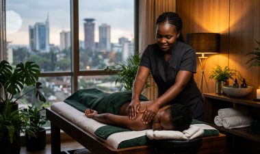 A Kenyan therapist giving a shoulder massage to a client in a warm spa room.