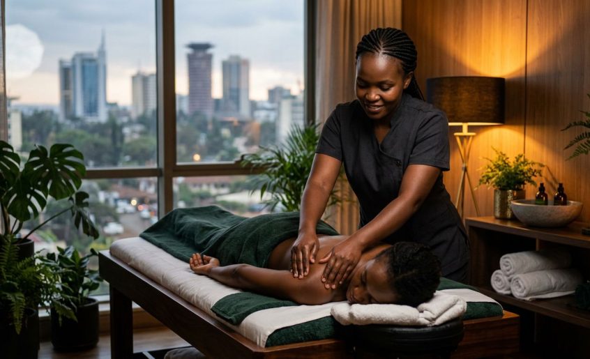 A Kenyan therapist giving a shoulder massage to a client in a warm spa room.