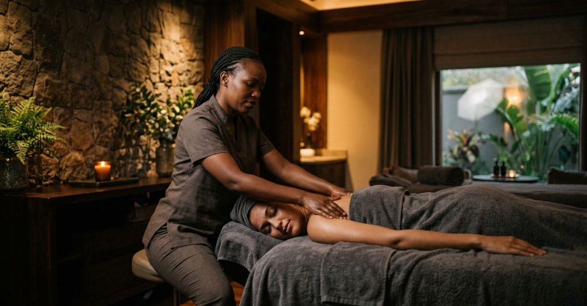 A therapist massages a client in a warmly lit treatment room with dark wood and greenery.