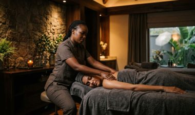 A therapist massages a client in a warmly lit treatment room with dark wood and greenery.