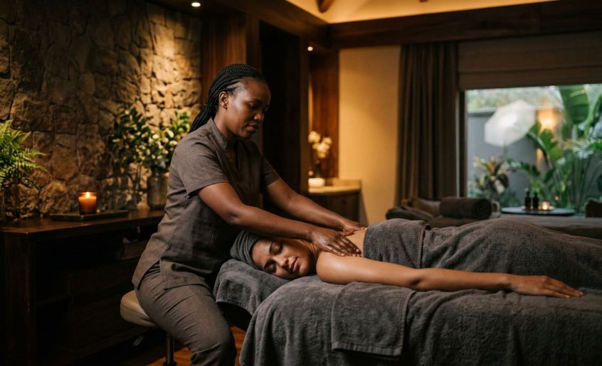 A therapist massages a client in a warmly lit treatment room with dark wood and greenery.