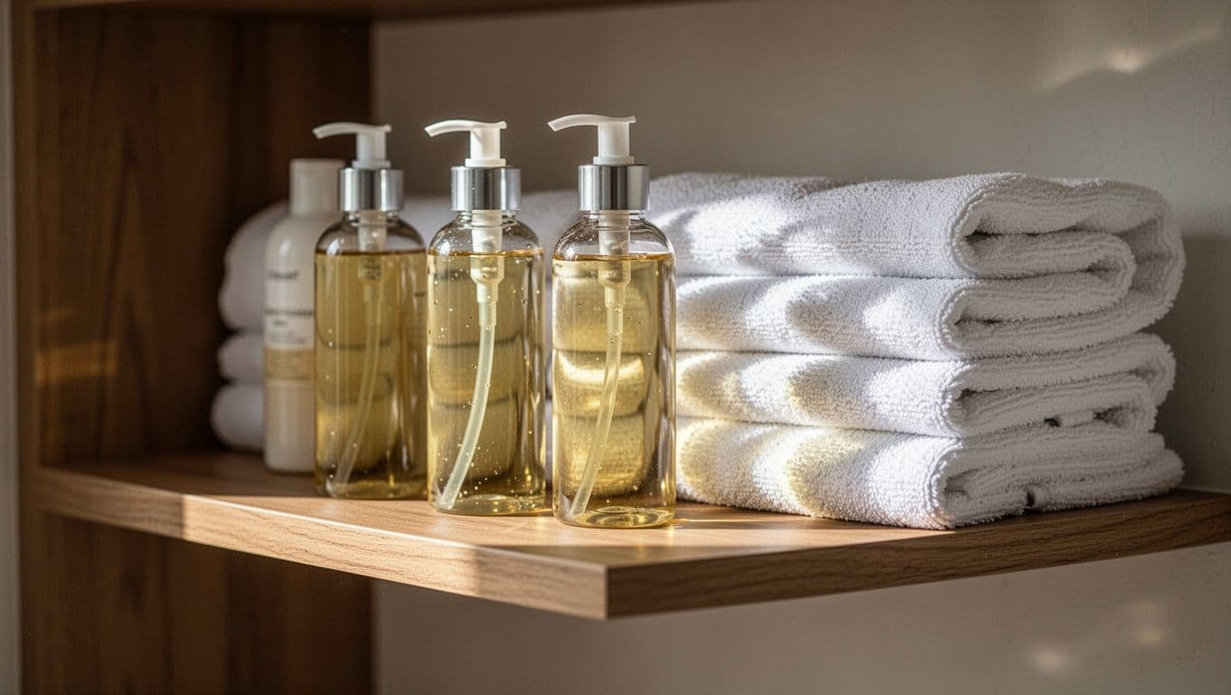 Glass bottles of massage oil and folded white towels on a wooden shelf in a spa.