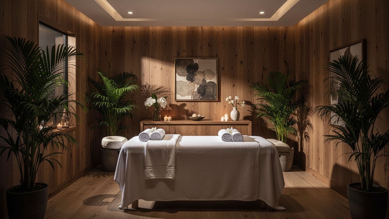 Nairobi Massage Spas: A Practical Nairobi Guide 2 A serene massage treatment room featuring a plush table, wood decor, and tropical plants.