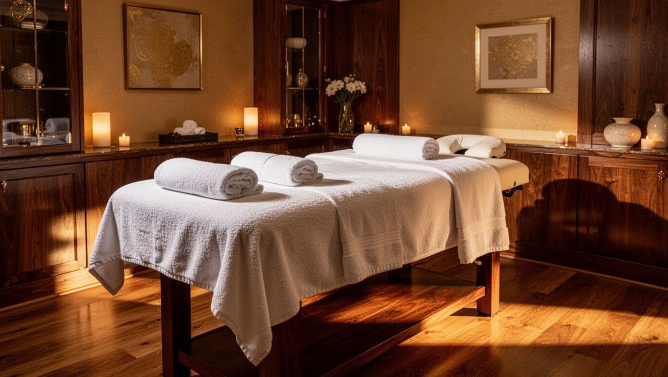 A professional massage table prepared with soft towels in a warmly lit luxury spa room.