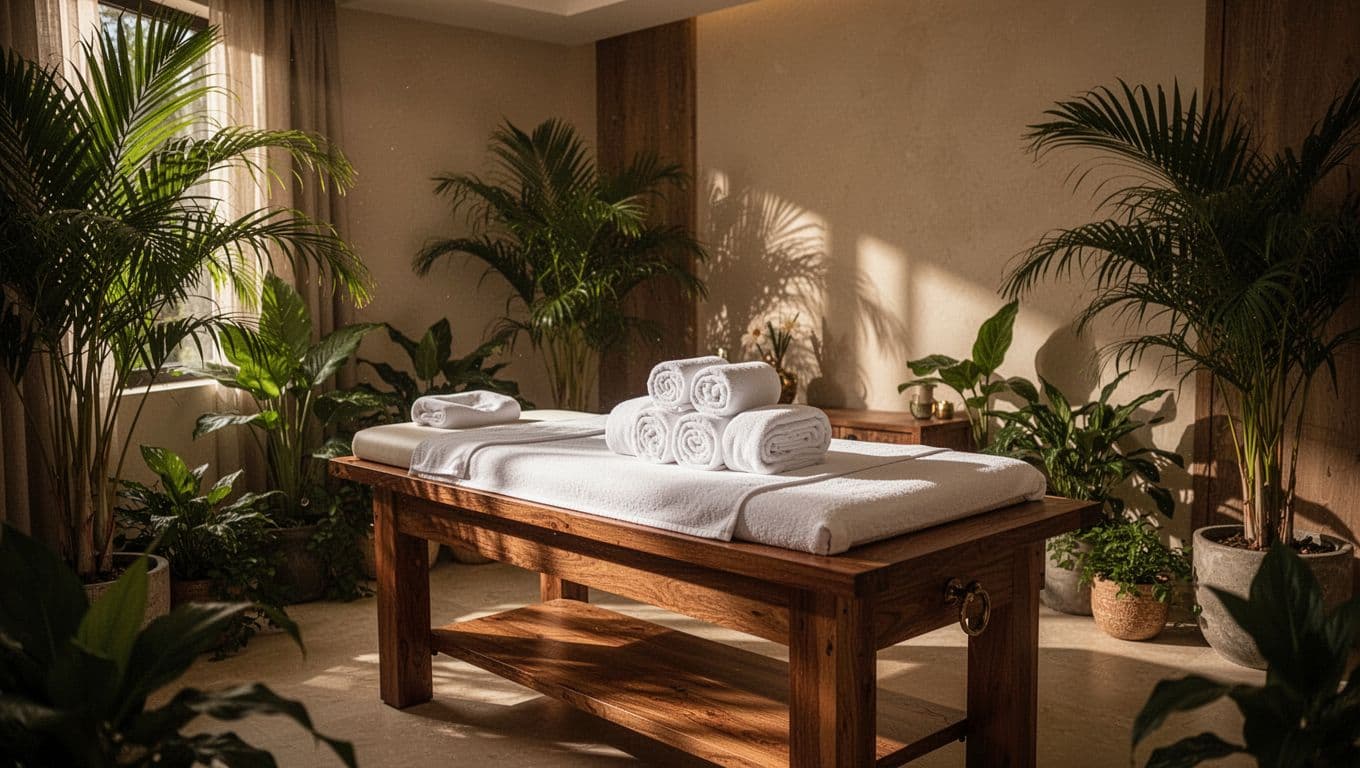 A wooden massage table with rolled towels and tropical plants in a warmly lit spa.