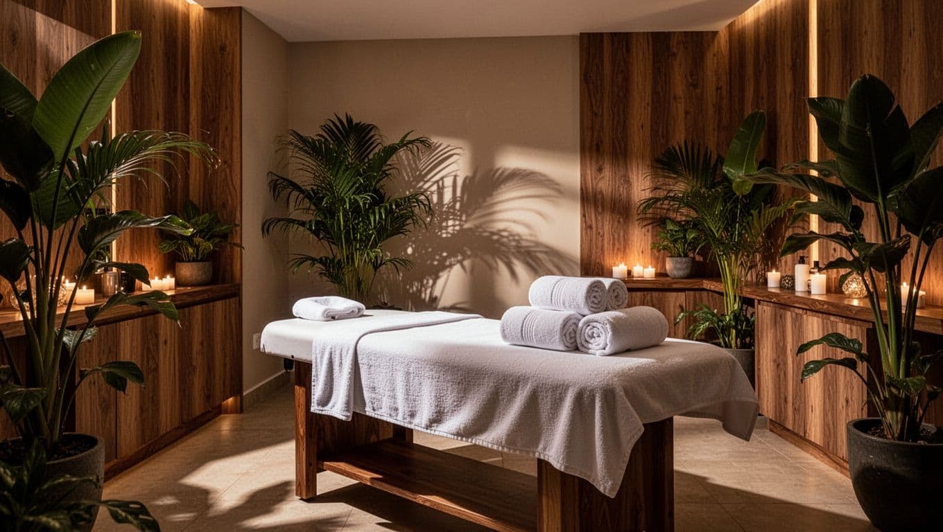 A pristine massage table with rolled towels in a serene wooden spa room with tropical plants.