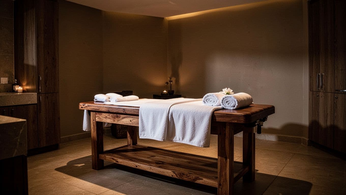 A wooden massage table and soft white towels inside a warmly lit Nairobi spa room.