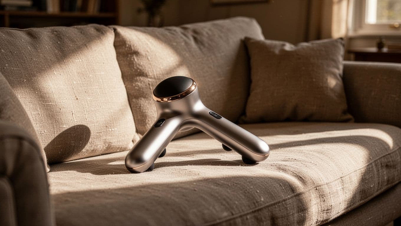 A modern handheld massager resting on a cozy linen couch in a warm living room.