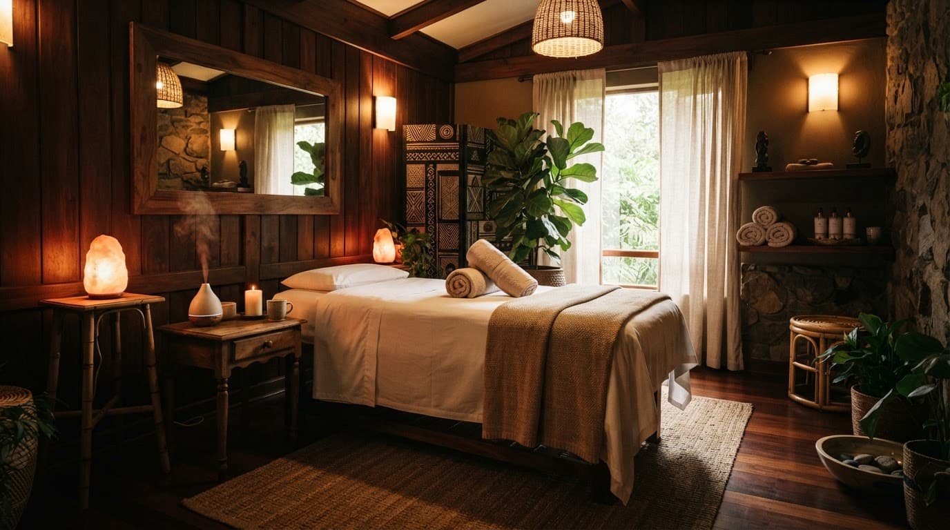 Nairobi Massage Services: A Safer Way to Book in 2026 2 A serene Nairobi spa room with wooden accents, towels, plants, and warm lighting.