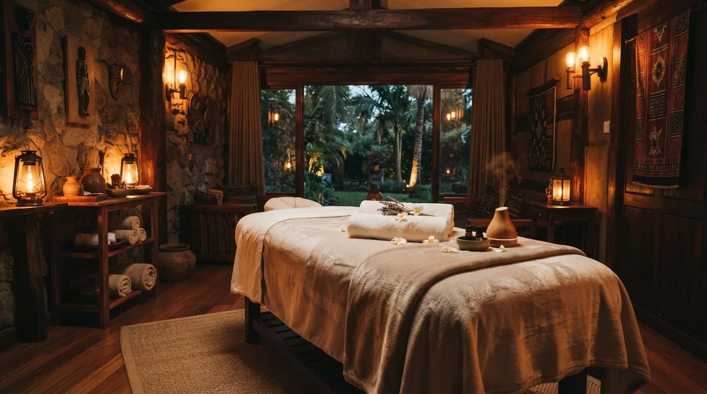 A serene massage treatment room with warm lighting and wooden accents.