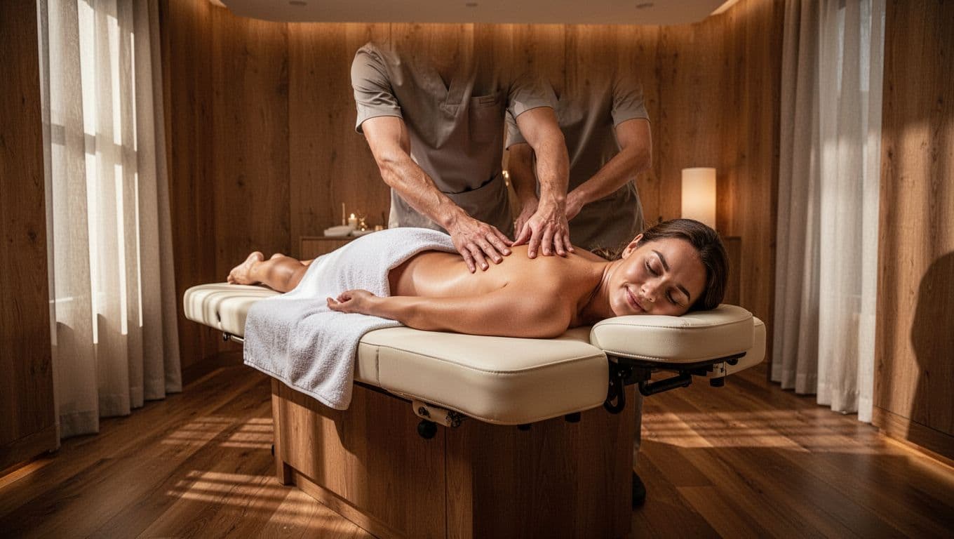 A client relaxing on a wooden massage table in a dimly lit spa room.