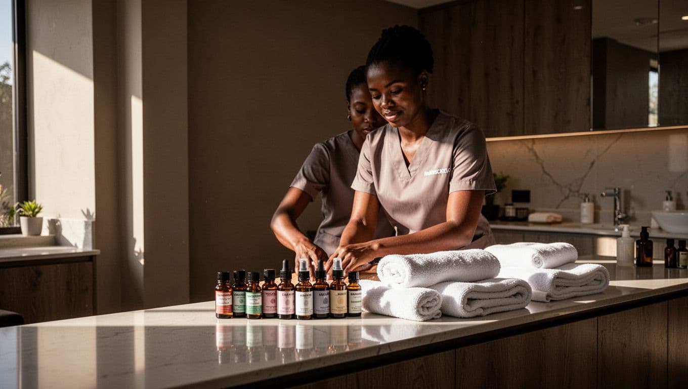 A therapist preparing essential oils and warm towels on a spa counter.