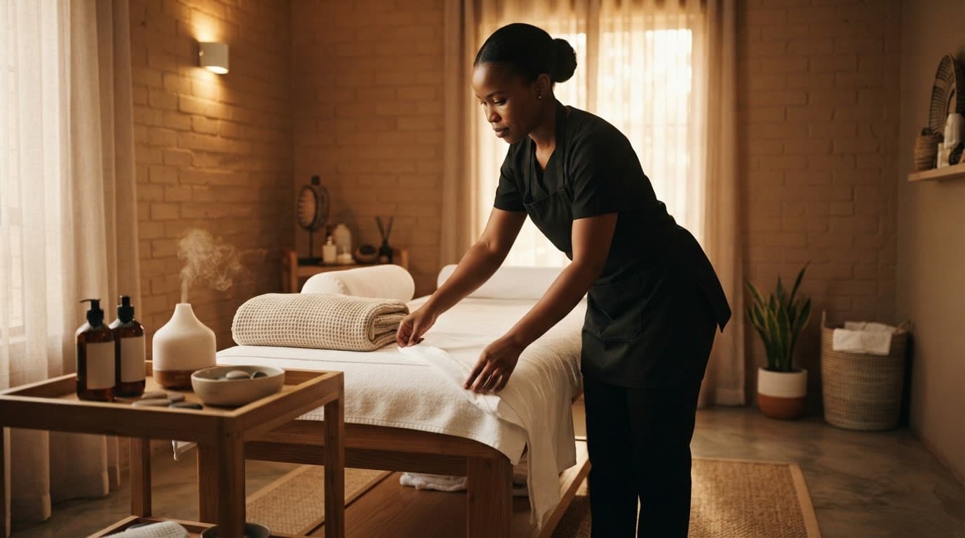 Nairobi Massage Services: A Safer Way to Book in 2026 3 A massage therapist prepares white towels and oils beside a treatment table.