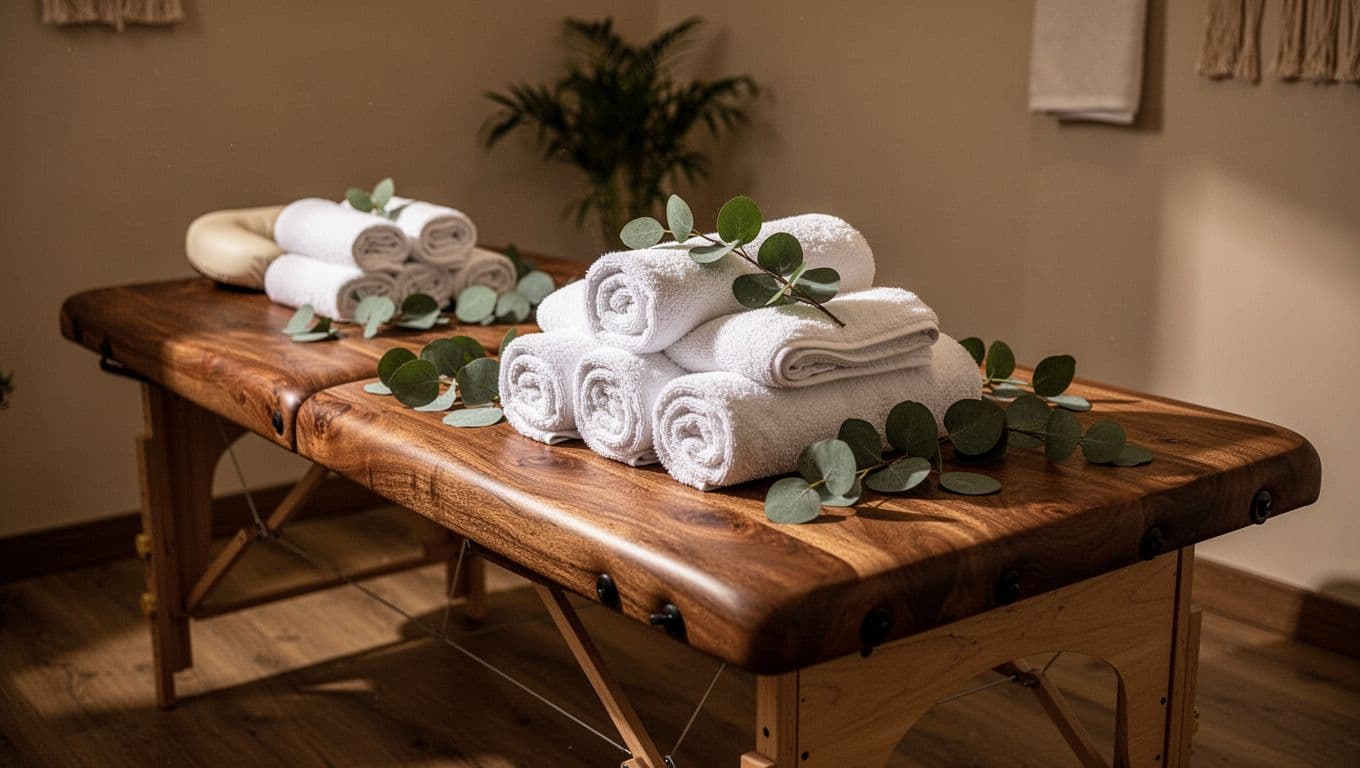 A wooden massage table with rolled white towels and eucalyptus under warm lights.
