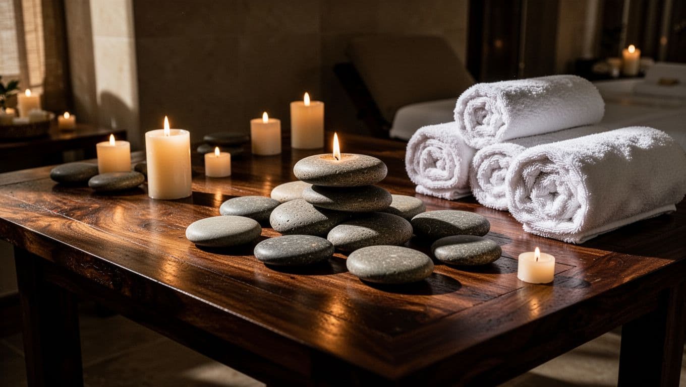 Couples Massage in Kenya: What to Expect and How to Choose 3 Glowing candles and rolled white towels on a dark wooden table in a spa.